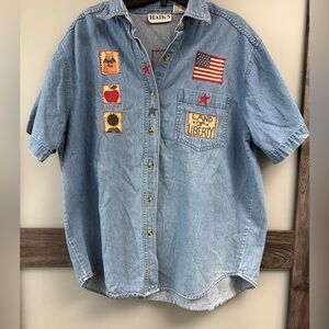 HAIKS Vintage Denim Short-Sleeve Shirt with Patriotic Patches